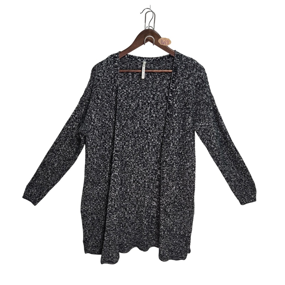 Leo & Nicole Womens XL Marled Knit Open Front Cardigan Black White Longline